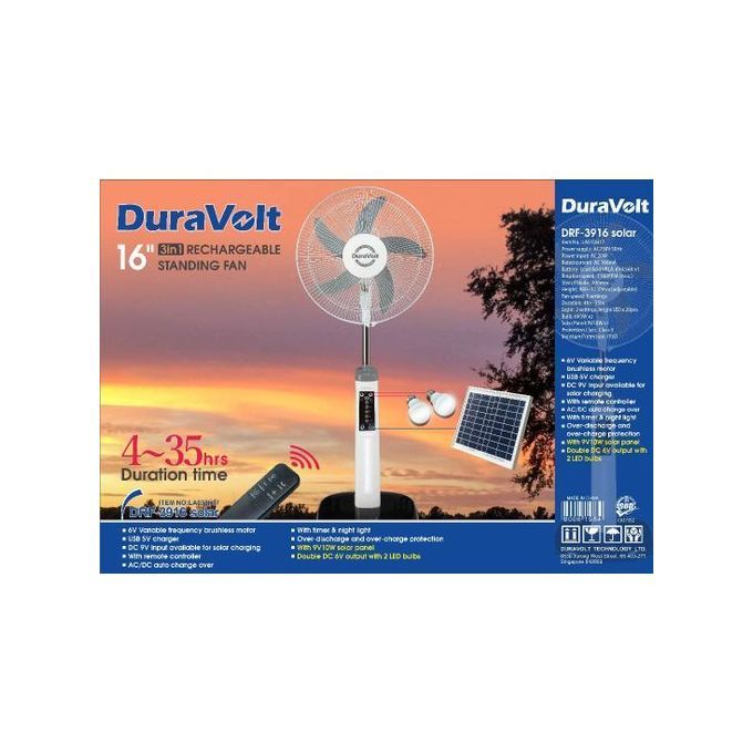 16 Inches Rechargeable Standing Fan with Solar Panel and Bulb