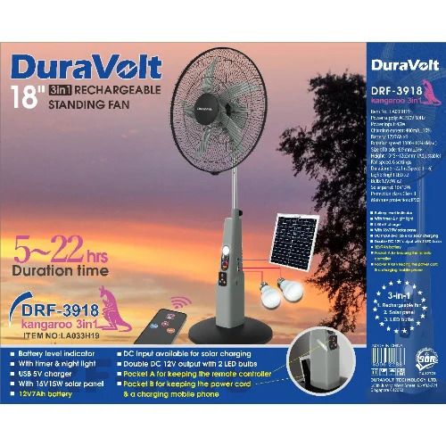 18 Inches Rechargeable Standing Fan with Solar Panel and Bulb